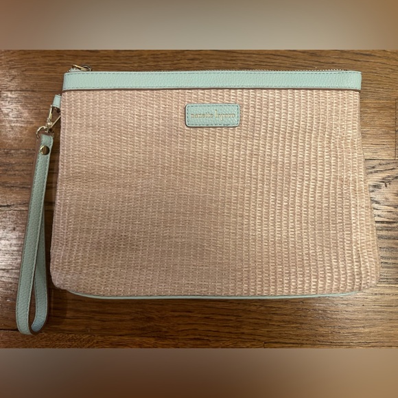 Nanette Lepore Handbags - Nanette Lepore Woven Straw Wristlet Pouch - Mint Green Trim Summer Clutch
